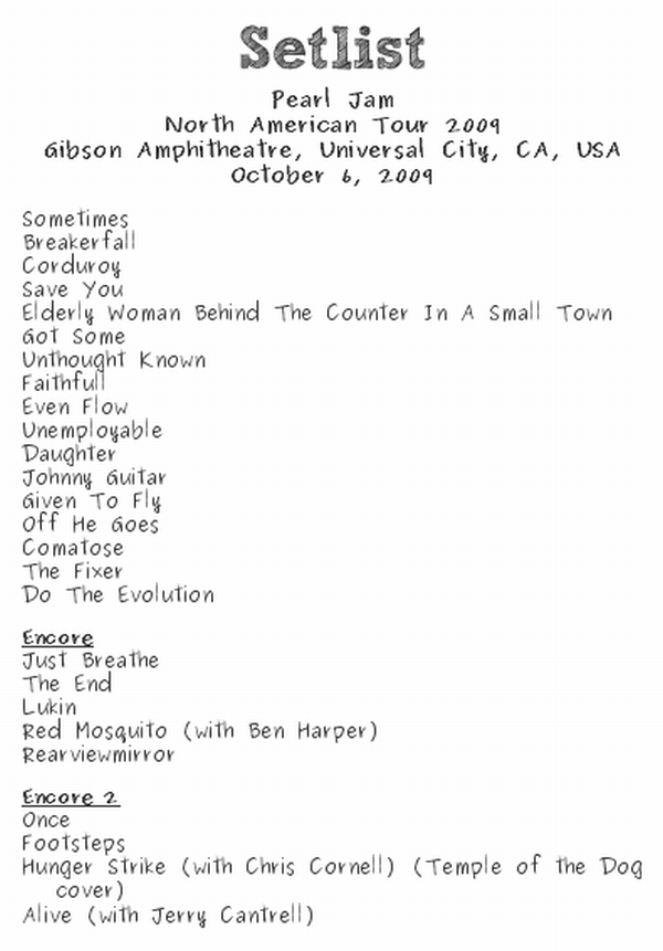 Lista Pearl Jam 6 october 2009 - todoRock.pe Lista Pearl Jam 6 october 2009 - todoRock.pe